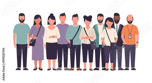 Diverse Group of People Standing. Flat Vector Illustration of Multiracial Men and Women Representing Community, Team, and Employee Diversity.
