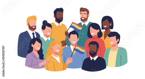 Diverse Group of Happy People with Rainbow Flags. Celebrating LGBTQ+ Pride, Inclusivity, and Community.