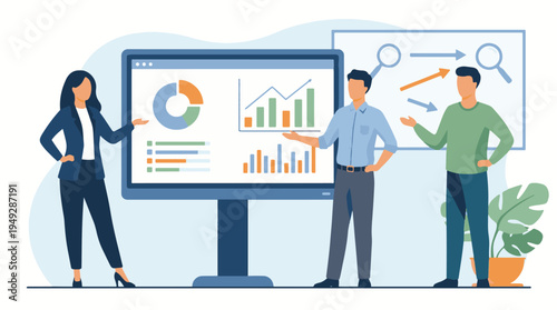 Business team analyzing data and presenting financial reports on screen