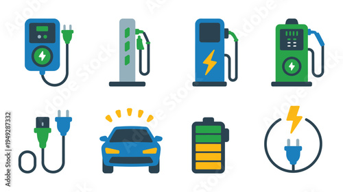 Electric vehicle charging station vector icons renewable energy concept, EV charger, power plug, battery symbol, solar energy car, green technology, sustainable transportation flat illustration design