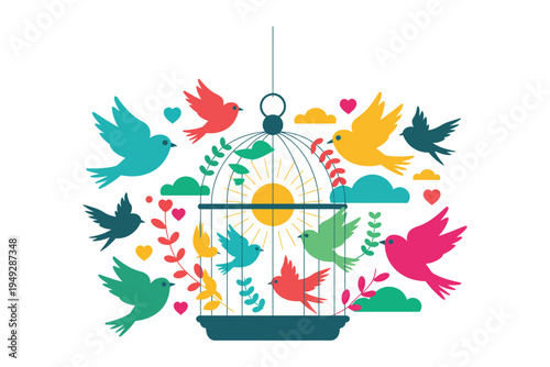 Colorful birds flying around birdcage with sun and clouds flat vector design set of spring elements for greeting cards and nature concepts