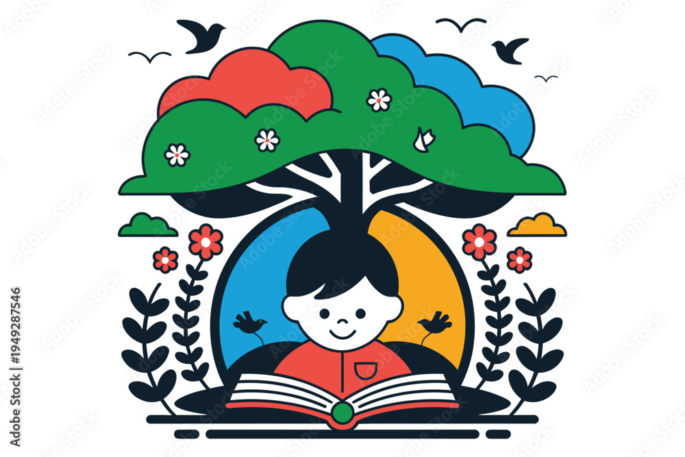 Naklejka premium Happy child reading book under large colorful tree with birds flying above symbolizing knowledge education growth