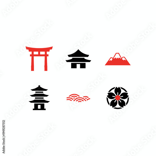 Japan Landmark Icons Set with Torii Gate Pagoda and Mount Fuji