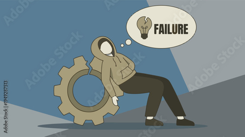 Concept of failure and giving up, person with broken gear and thought bubble