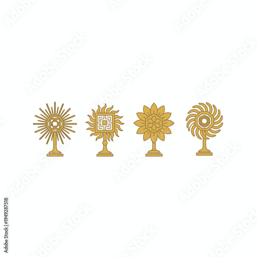 Golden monstrance and ostensorium icons set for Eucharist adoration