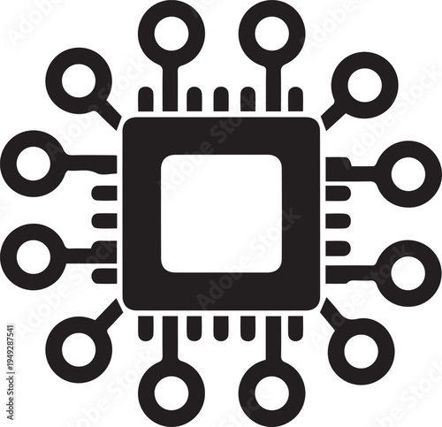 Black vector microchip icon with circuit connections isolated on transparent background