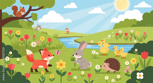 Cute spring meadow animals with fox rabbit hedgehog ducks and flowers