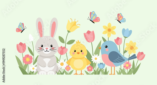 Cute bunny chick and bird friends with butterflies in spring flowers
