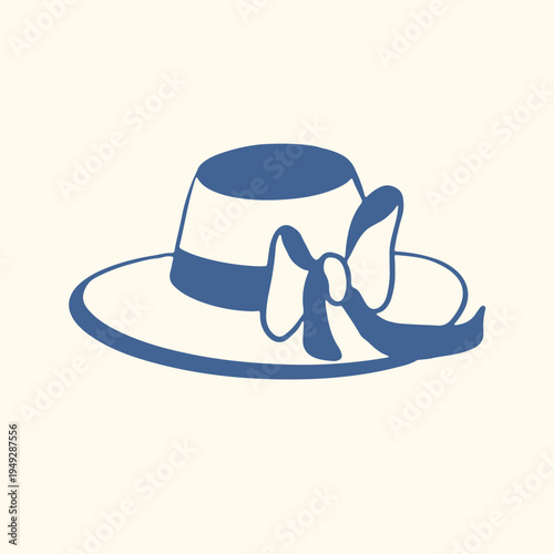 Illustration of a vintage wide brim hat with ribbon bow in line art style. Simple flat icon isolated on light background for fashion logo, summer branding and accessory design.