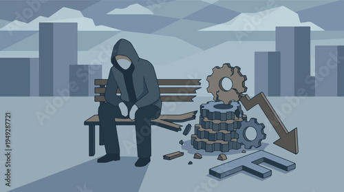 Depressed person amid symbols of failure, economic crisis, and unemployment
