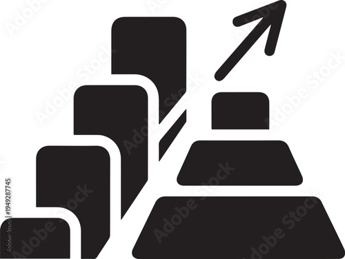 Black vector pyramid chart with ascending arrow on transparent background