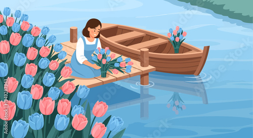 Young woman arranging flowers on a wooden dock.