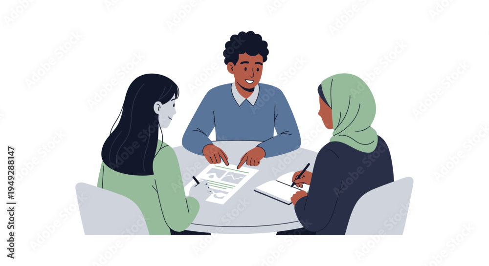 Fototapeta premium Diverse Business Team Collaborating at Meeting Table | Project Discussion & Strategy Planning Illustration