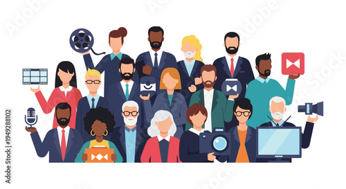 Diverse Team of Media Professionals & Content Creators with Film, Photo, Video, Audio Production Icons. Digital Media & Broadcasting Experts.