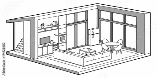 Modern living room with large windows and minimalist furniture