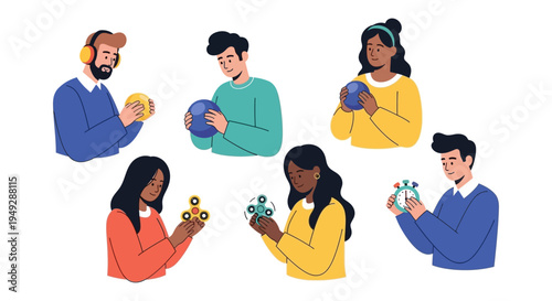Diverse Individuals Using Sensory Fidget Toys, Stress Balls, and Headphones for Focus, Relaxation, and Mental Well-being. Flat Vector Illustration.