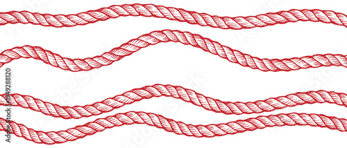 Pink pastel wavy rope border lines. Horizontal twisted string divider set. Continuous nautical cord layout background. Flat vector editable EPS illustration element. 