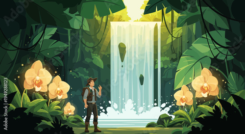 Adventurer standing in lush jungle near waterfall.