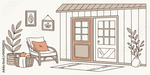 A cozy cabin with a wooden door and potted plants on the porch