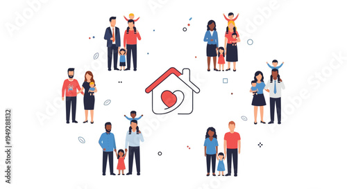 Diverse Families Surrounding a Loving Home Icon: Community, Care, Protection, and Belonging Illustration