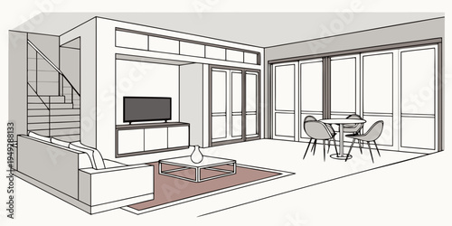 A modern living room with a dining area and a balcony overlooking a scenic view.