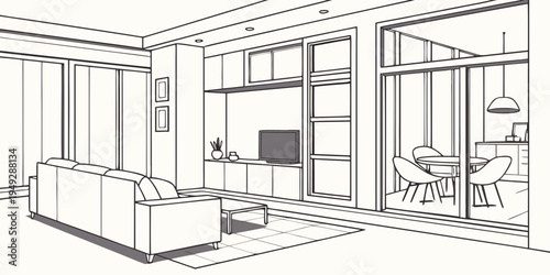 Modern living room with large windows and minimalist furniture