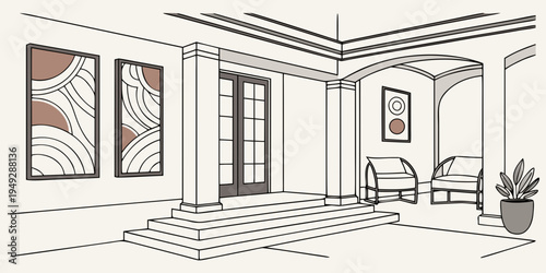 A beautifully designed living room with large windows and elegant furnishings