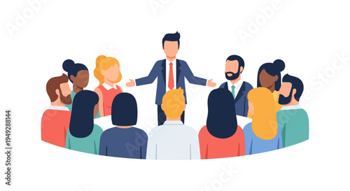 Business Leader Addressing Diverse Group in Meeting - Flat Illustration of Communication and Presentation