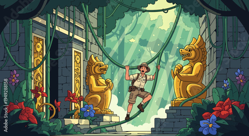 Adventurer swinging on vines in ancient jungle ruins.