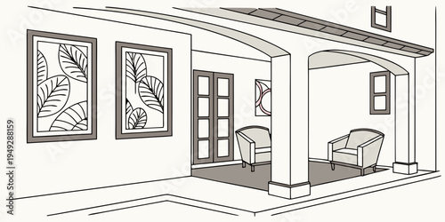 A cozy living room with large windows and a comfortable sofa