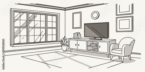 A cozy living room with a large window and a television on a stand