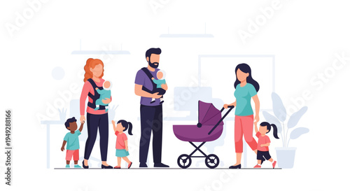 Modern Diverse Families with Many Children and Busy Parents. Flat Vector Illustration of Parenthood and Childcare.