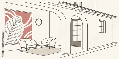 A cozy outdoor patio with a pergola, chairs, and a decorative wall