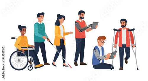 Diverse Group of People with Disabilities and Assistive Technology: Wheelchair, Prosthetics, Crutches, White Cane. Inclusion & Accessibility Concept.