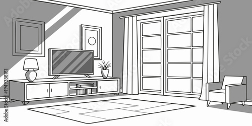 A modern living room with a large window and a cozy seating area