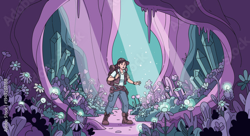 Adventurous person standing in a glowing cave.