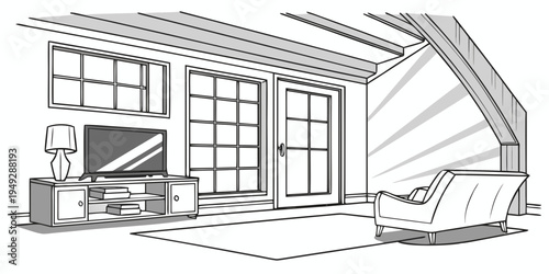 Modern open-plan living area with large windows and a retractable awning