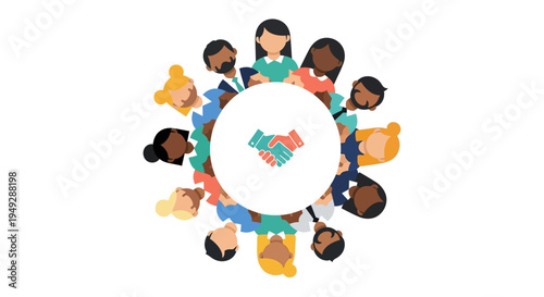 Diverse Global Team Collaboration & Partnership. People Circle with Handshake Icon. Flat Design for Unity and Community Concepts.