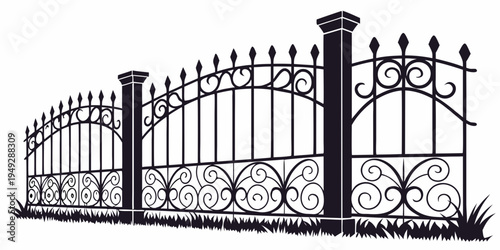 A decorative metal gate with intricate designs and curved top sections