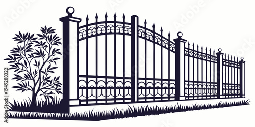 A tall, ornate iron fence with intricate designs and a gate in the center