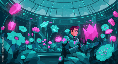 Astronaut tending to alien plants in futuristic greenhouse.