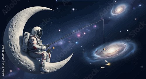 Astronaut sitting on crescent moon fishing in space.