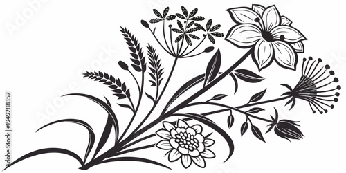 Intricate black and white floral illustration showcasing a variety of flowers and leaves