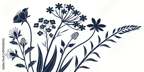 A beautiful illustration of various blue and white flowers in full bloom