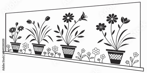 A variety of potted plants and flowers arranged on a windowsill