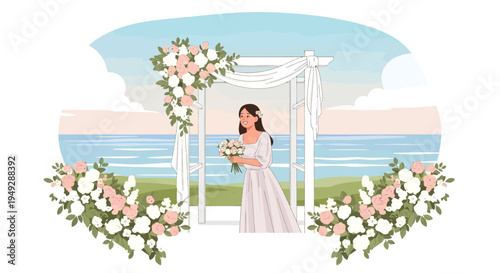 Beautiful Bride Holding Bouquet at Wedding Ceremony.