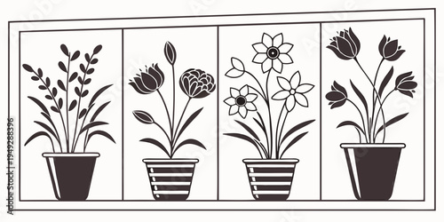 Four distinct potted plants with varying floral arrangements and foliage