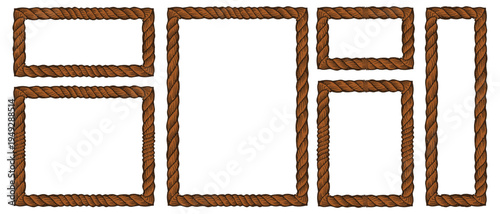 Rope borders. Blank rectangular twisted rope borders. Rustic brown square picture frame templates. Nautical marine string label layouts. Isolated EPS vector graphic illustration set.