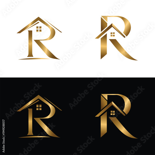 Luxury gold letter R roof real estate monogram logo set