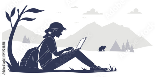 A person sits under a tree, reading a book in a serene mountainous landscape